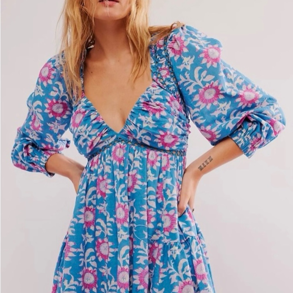 Free People Sacha Mini Dress in River Combo Blue, Pink Size XS Boho Spring NEW